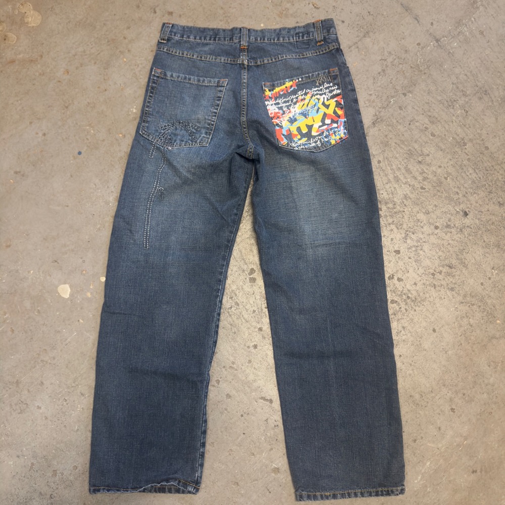 Karl Kani Gold Mens 34x29 Baggy Jeans Dark Wash Graffiti Pocket Y2K Streetwear